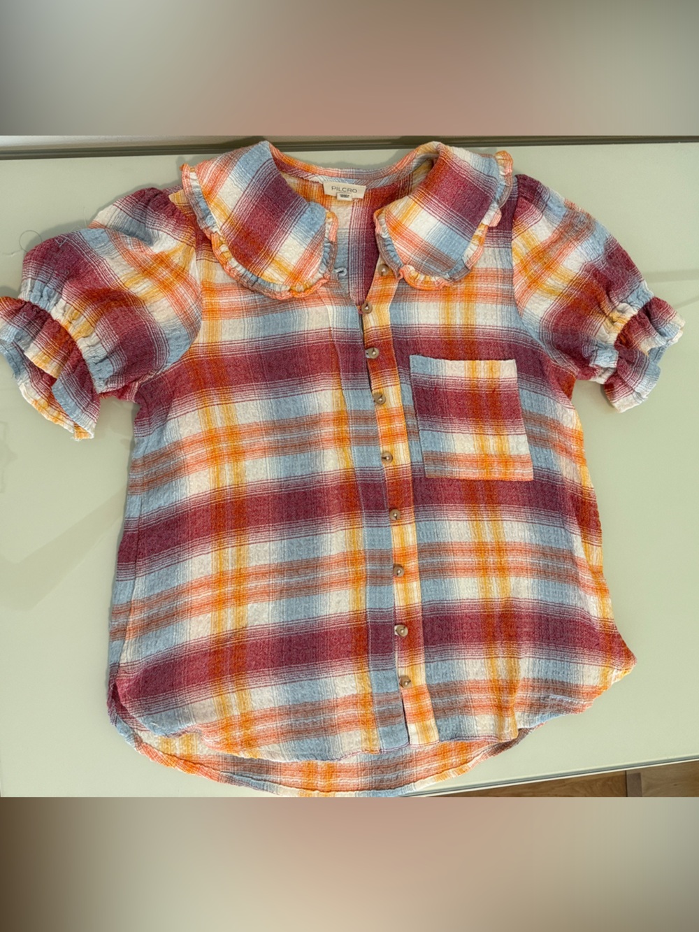 Pilcro Plaid Ruffle Collar Button-Down Top - Pink Orange Blue